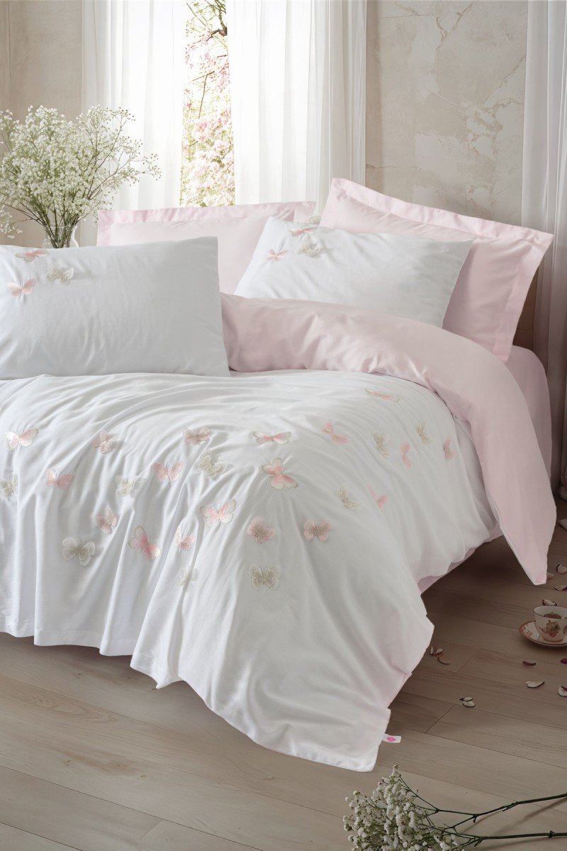 Cotton Box 3D Nakışlı Saten Çift Kişilik Nevresim Takımı Charming Pudra detay görseli