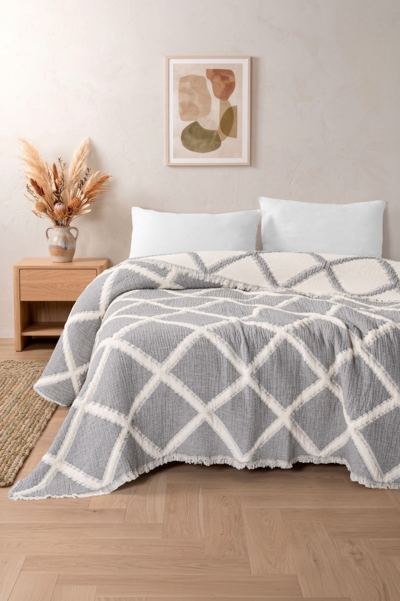 VAROL Liora 7 Katlı Müslin Yatak Örtüsü Çift Kişilik Geometrik Desenli 230x250 cm