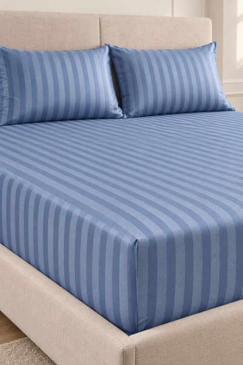 Varol %100 Pamuk Saten Stripe Battal Boy (King Size) Lastikli Çarşaf Takımı – 30 cm – 2 Yastık Kılıfı – 180x200 İNDİGO