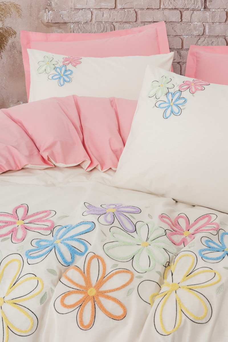 Cotton Box Puff Nakışlı Çift Kişilik Nevresim Takımı Bellis Pembe detay görseli