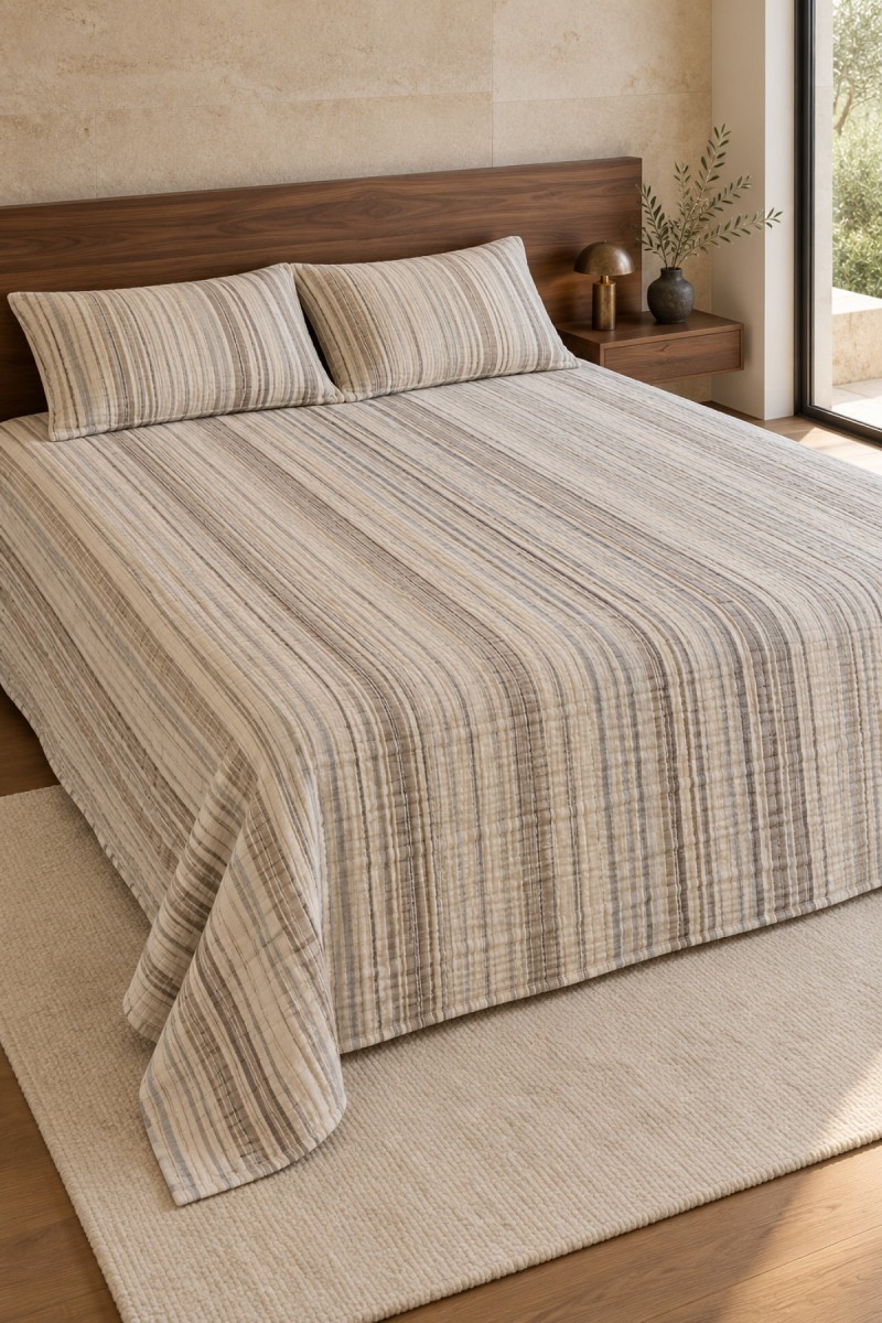 Varol Line Çizgili Çift Kişilik Yatak Örtüsü Takımı 240×260 cm – 2 Yastık Kılıflı