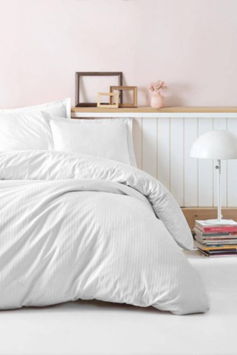 Cotton Box Elegant Stripe Çift Kişilik Nevresim Takımı Saten Beyaz
