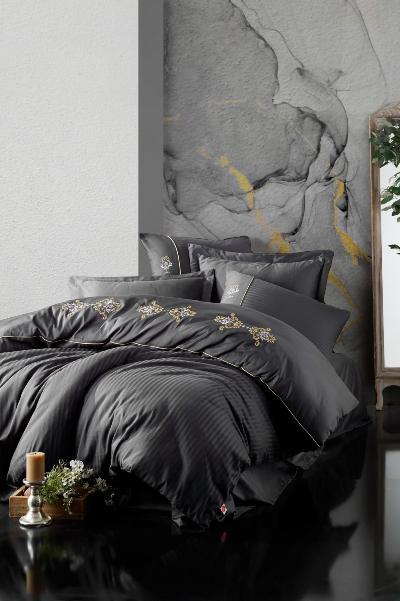 Cotton Box Brode Nakışlı Saten Çift Kişilik Nevresim Takımı King Antrasit