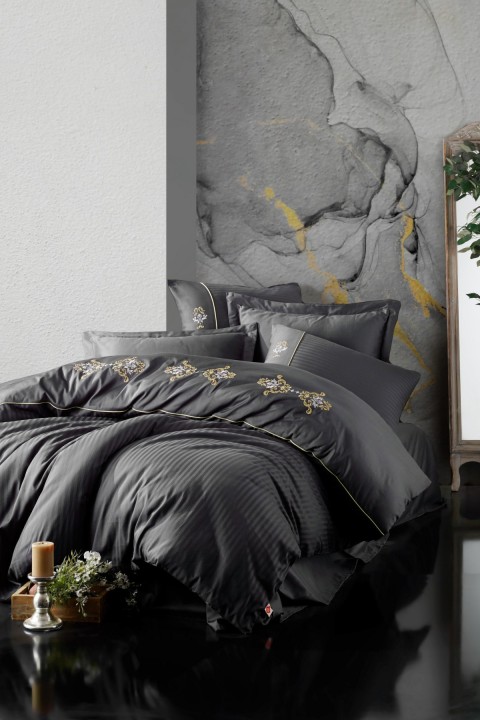 Cotton Box Brode Nakışlı Saten Çift Kişilik Nevresim Takımı King Antrasit