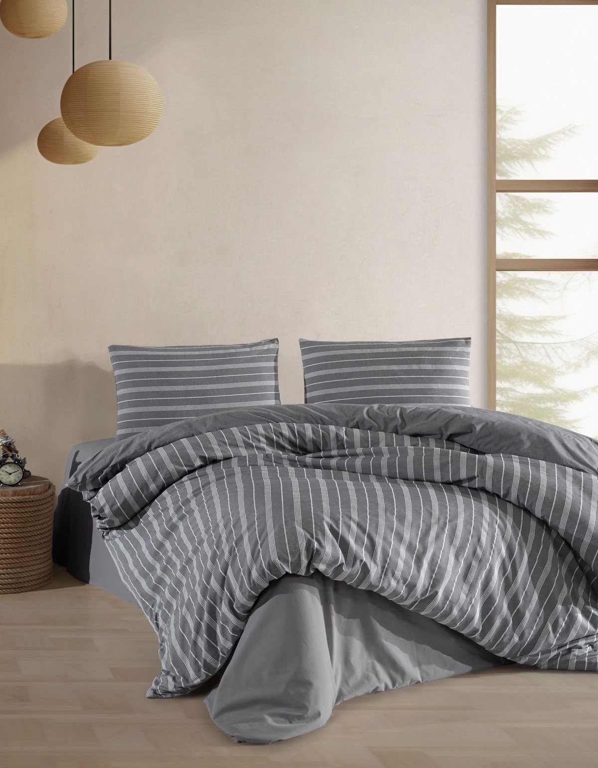 Varol Çarşafı Lastikli Saten Çizgili Çift Kişilik Nevresim Takım