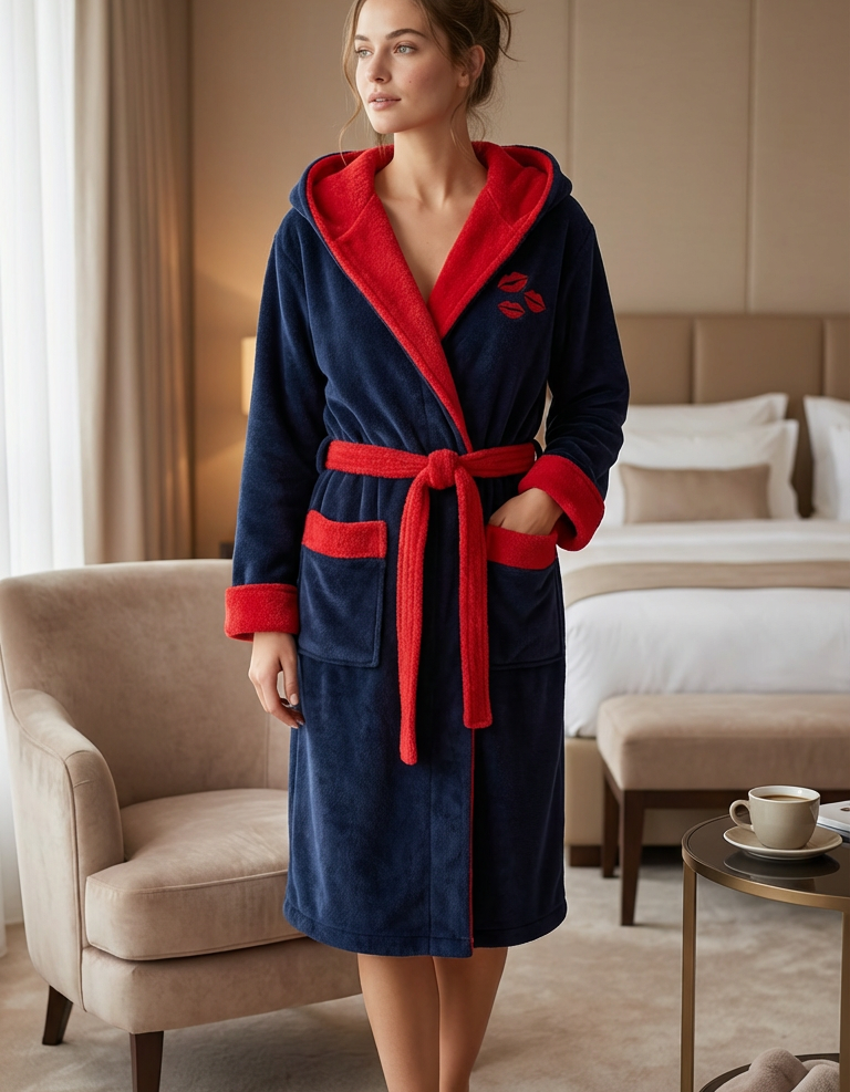 Varol Luxury Touch Kapşonlu %100 Pamuk Nakışlı Bornoz – Kiss Varol Luxury Touch Kapşonlu %100 Pamuk Nakışlı Bornoz – Kiss