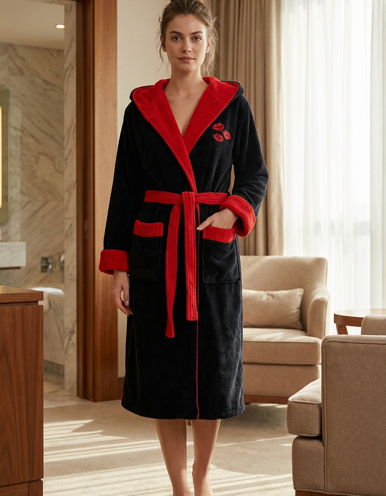 Varol Luxury Touch Kapşonlu %100 Pamuk Nakışlı Bornoz – Kiss Varol Luxury Touch Kapşonlu %100 Pamuk Nakışlı Bornoz – Kiss