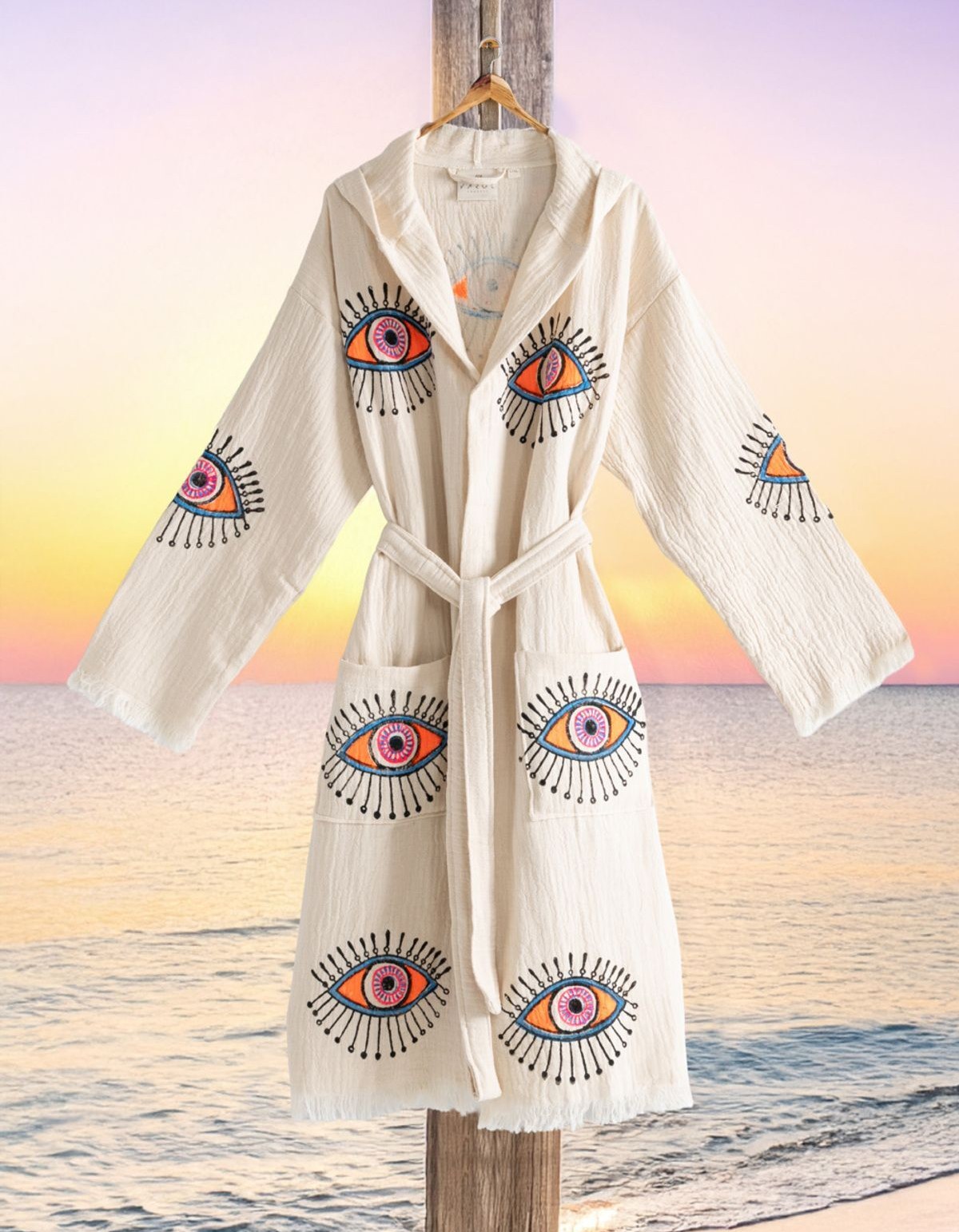 Varol Organik %100 Pamuk Kapşonlu Sabahlık Bornoz Plaj Elbisesi - Göz