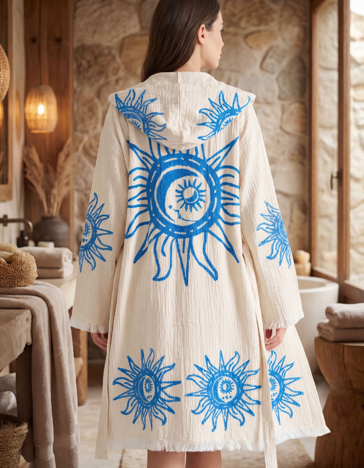 Varol Organik %100 Pamuk Kapşonlu Sabahlık Bornoz Plaj Elbisesi - Heliona V2