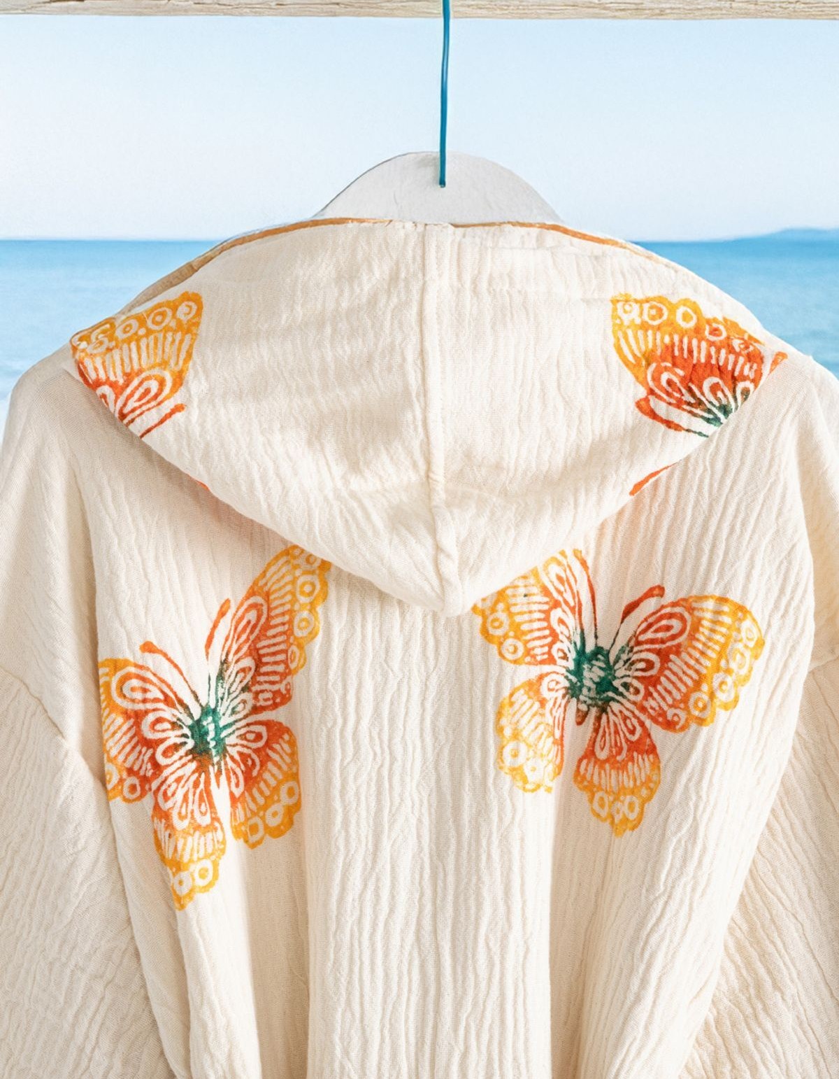 Varol Organik %100 Pamuk Kapşonlu Sabahlık Bornoz Plaj Elbisesi - Kelebek