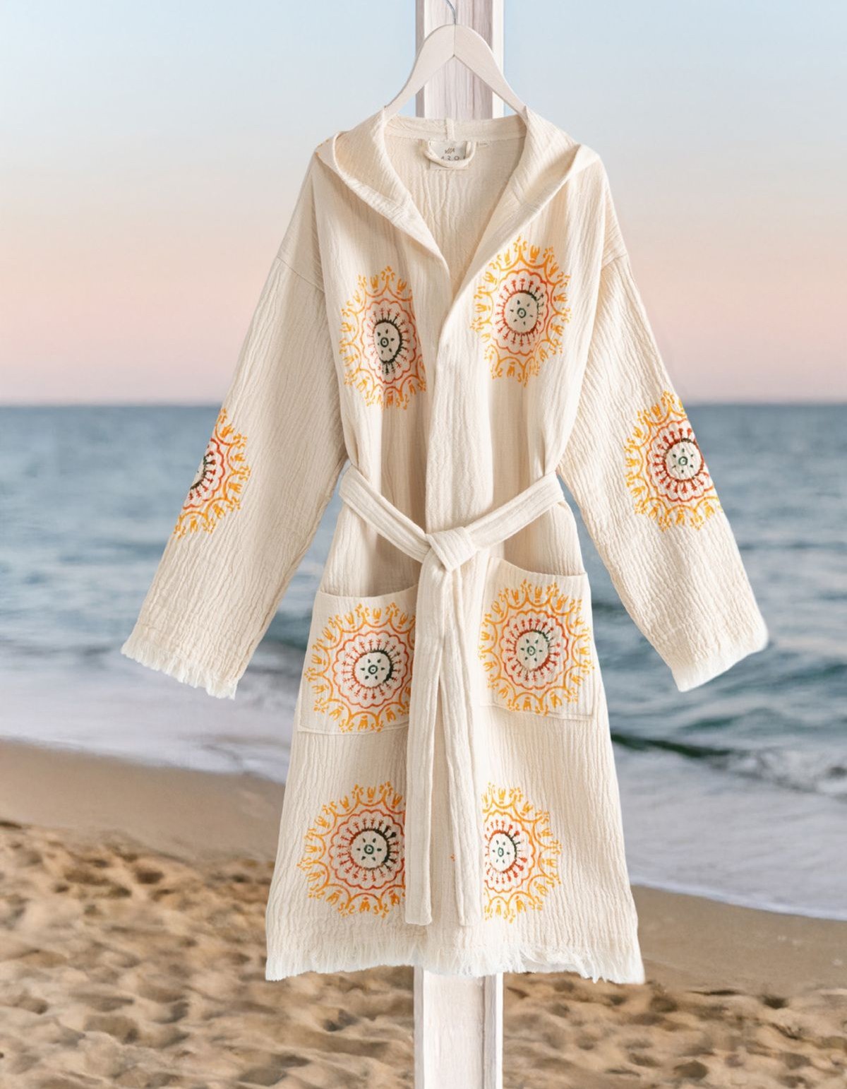 Varol Organik %100 Pamuk Kapşonlu Sabahlık Bornoz Plaj Elbisesi - Lemura