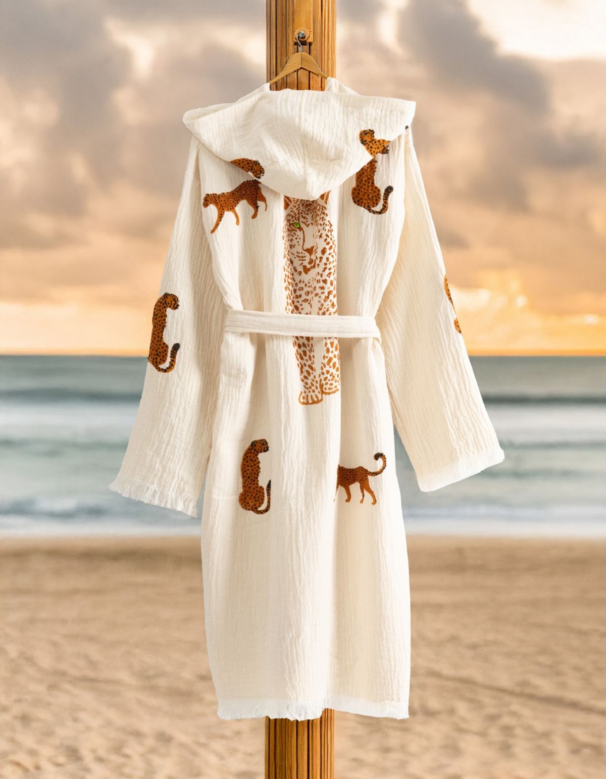 Varol Organik %100 Pamuk Kapşonlu Sabahlık Bornoz Plaj Elbisesi - Leopar