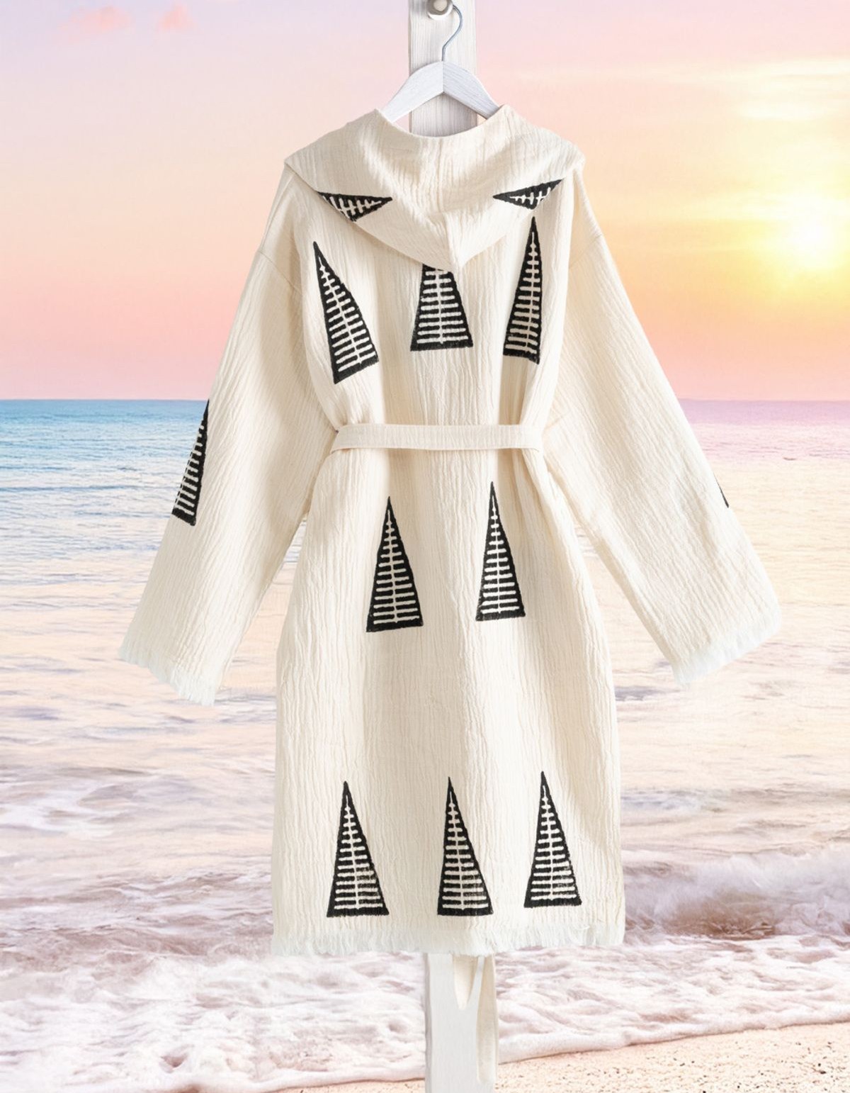Varol Organik %100 Pamuk Kapşonlu Sabahlık Bornoz Plaj Elbisesi - Piramit