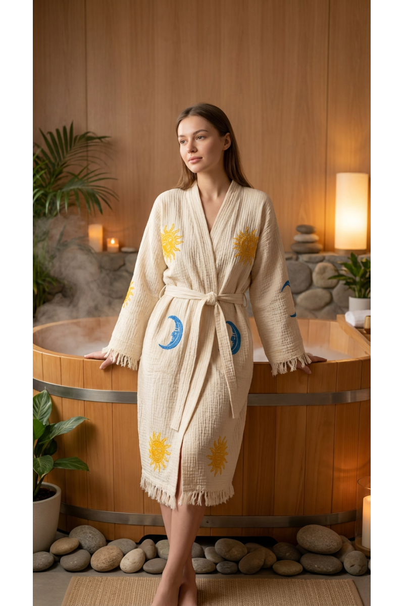 Varol Organik %100 Pamuk Kimono Yaka Sabahlık Bornoz - Solyra