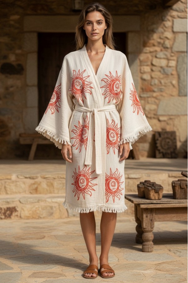 Varol Organik %100 Pamuk Kimono Yaka Sabahlık Bornoz - Heliona v1