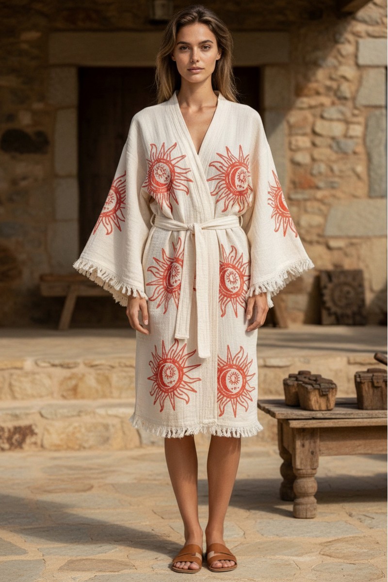 Varol Organik %100 Pamuk Kimono Yaka Sabahlık Bornoz - Heliona v1