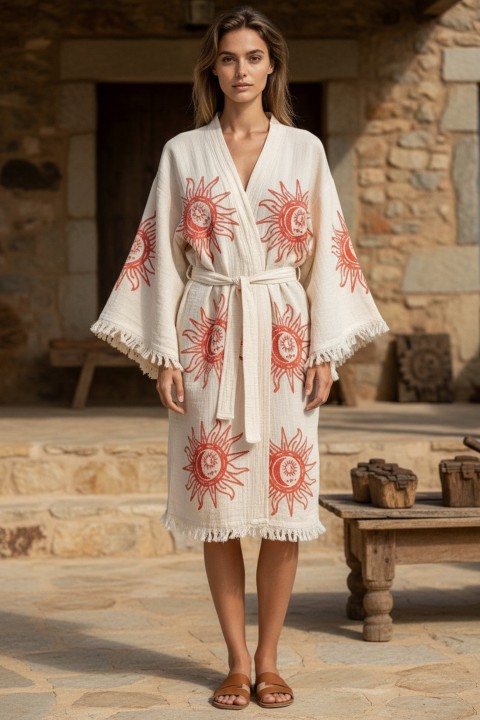 Varol Organik %100 Pamuk Kimono Yaka Sabahlık Bornoz - Heliona v1