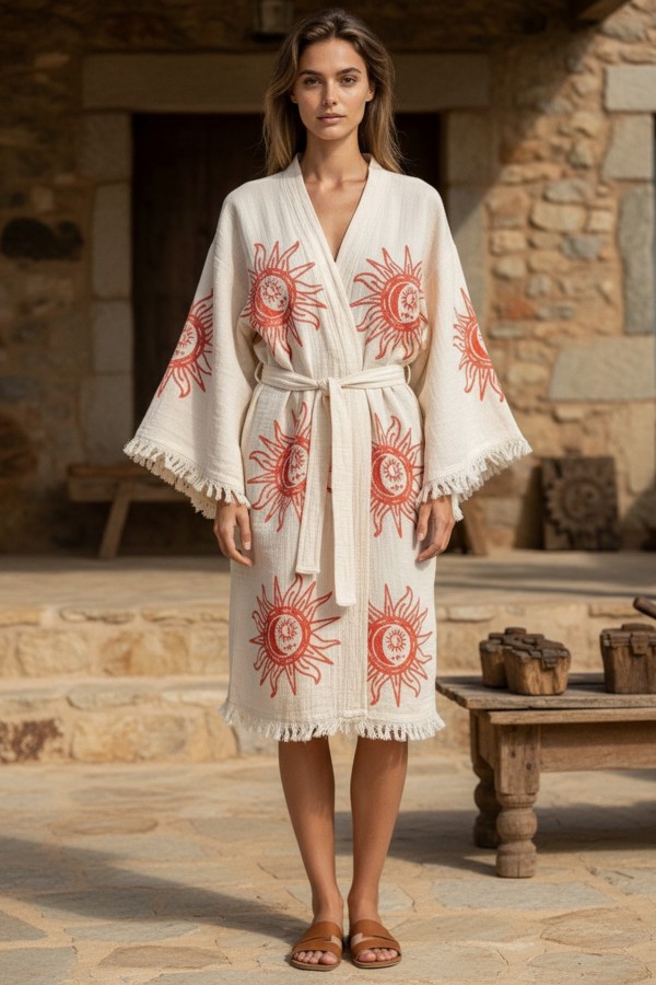 Varol Organik %100 Pamuk Kimono Yaka Sabahlık Bornoz - Heliona v1