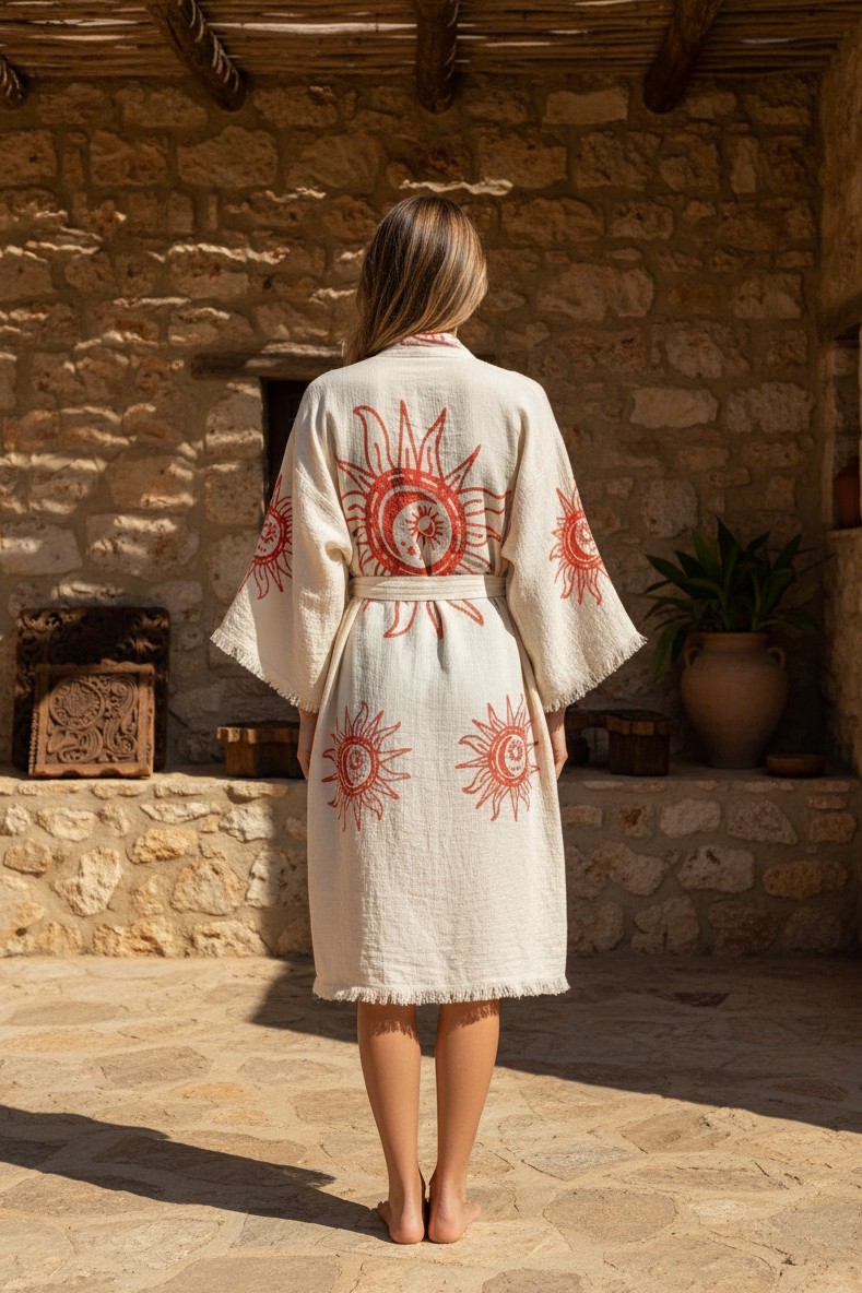 Varol Organik %100 Pamuk Kimono Yaka Sabahlık Bornoz - Heliona v1