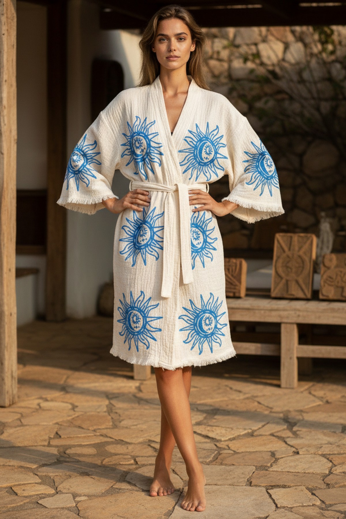 Varol Organik %100 Pamuk Kimono Yaka Sabahlık Bornoz - Heliona v2