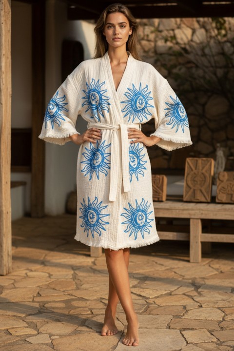 Varol Organik %100 Pamuk Kimono Yaka Sabahlık Bornoz - Heliona v2
