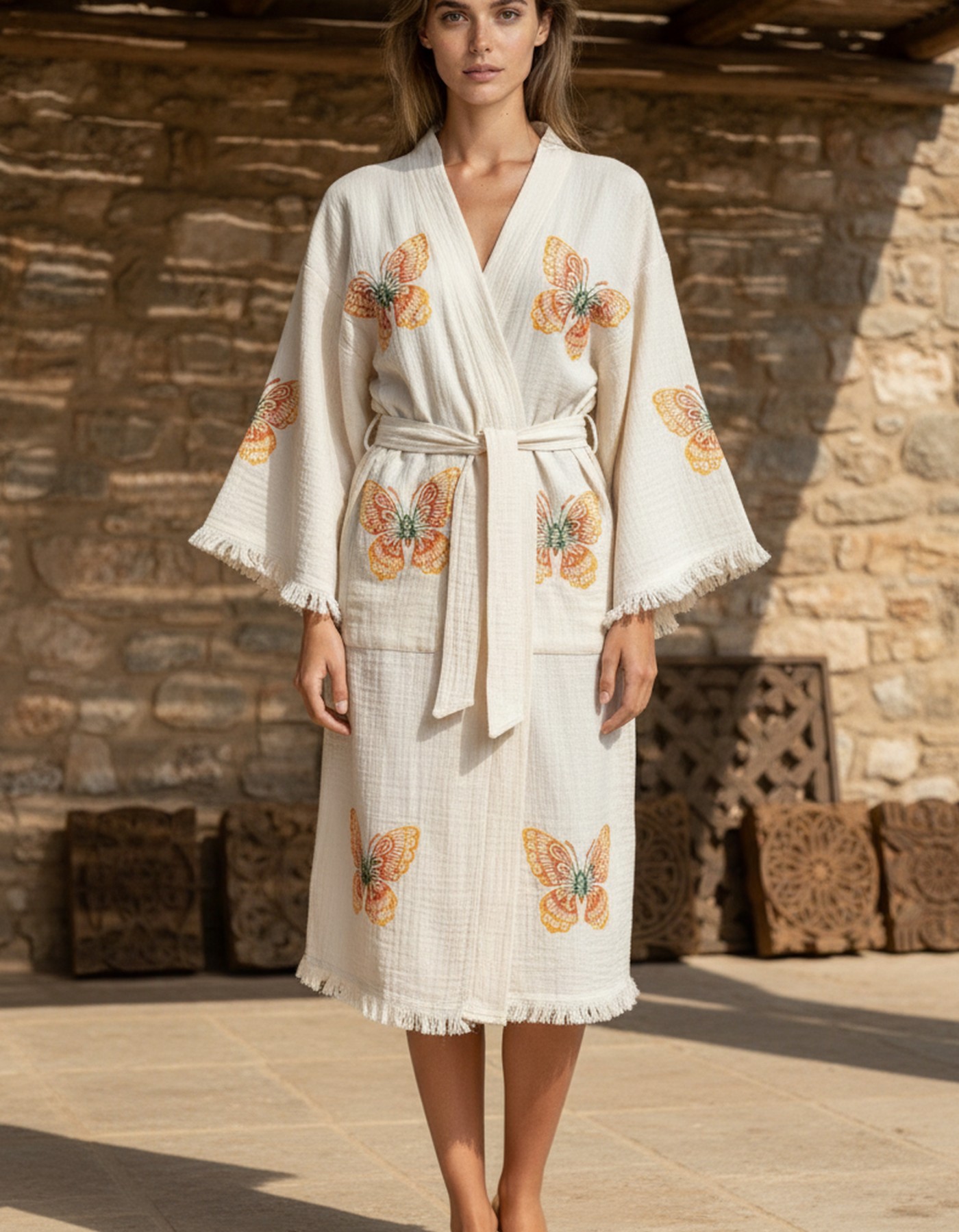 Varol Organik %100 Pamuk Kimono Yaka Sabahlık Bornoz - Kelebek