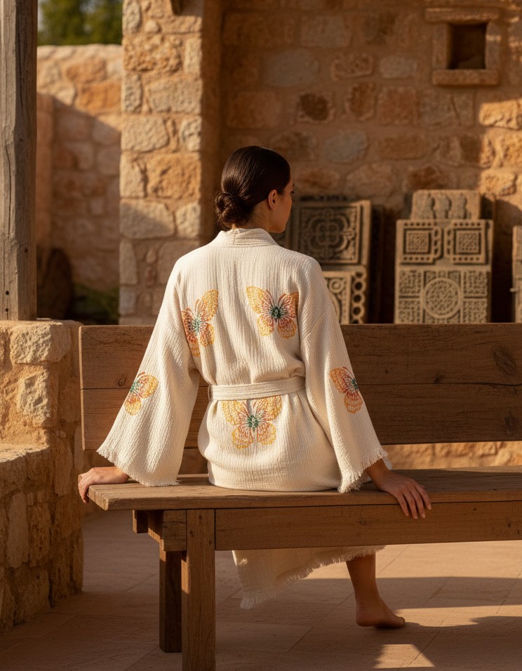 Varol Organik %100 Pamuk Kimono Yaka Sabahlık Bornoz - Kelebek