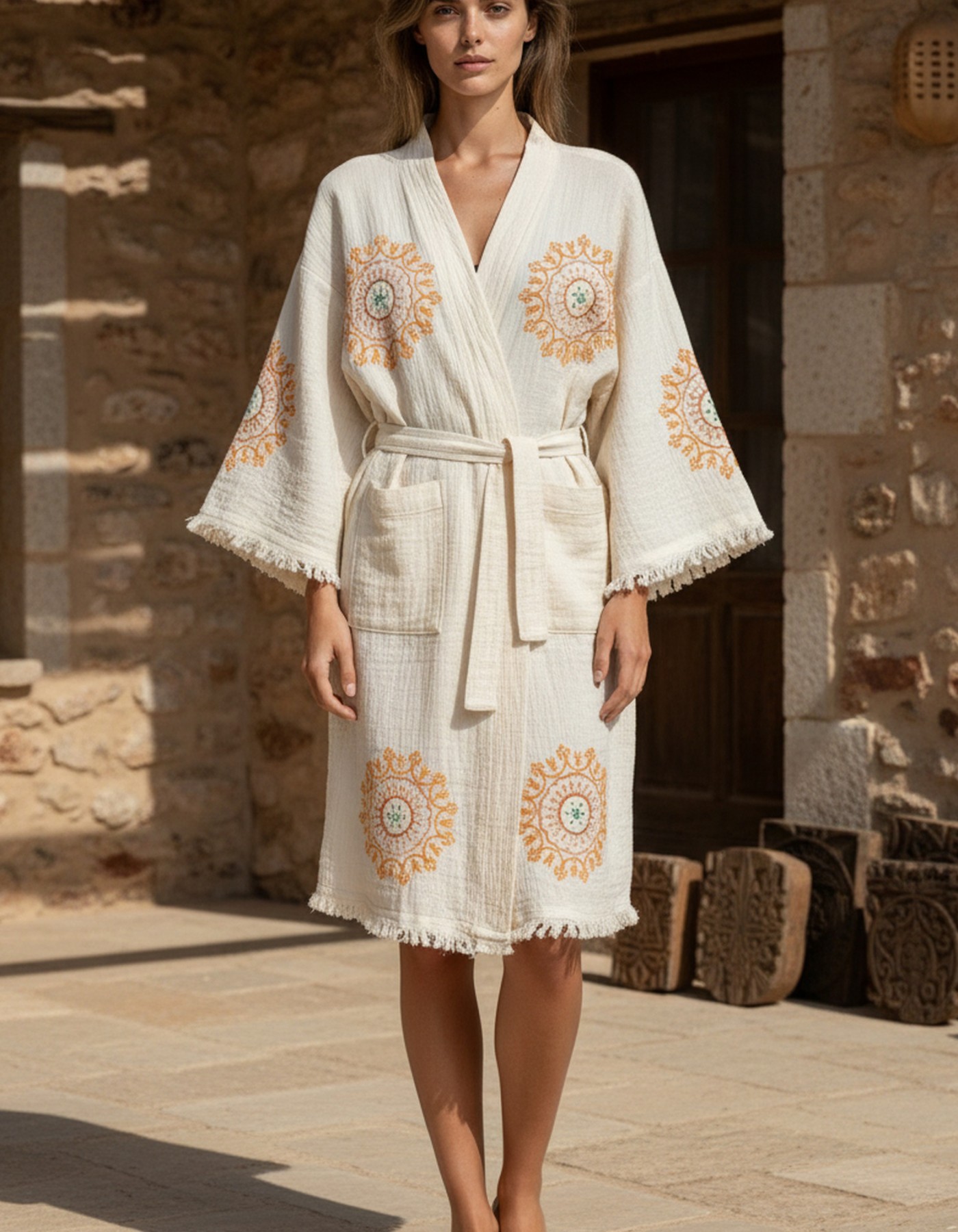 Varol Organik %100 Pamuk Kimono Yaka Sabahlık Bornoz - Lemura