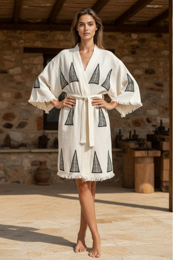 Varol Organik %100 Pamuk Kimono Yaka Sabahlık Bornoz - Piramit