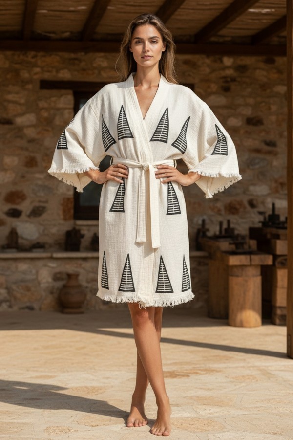 Varol Organik %100 Pamuk Kimono Yaka Sabahlık Bornoz - Piramit