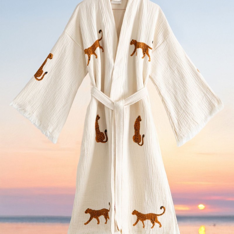 Varol Organik %100 Pamuk Kimono Yaka Sabalık Bornoz - Leopar