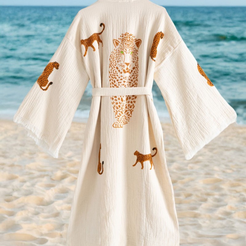 Varol Organik %100 Pamuk Kimono Yaka Sabalık Bornoz - Leopar