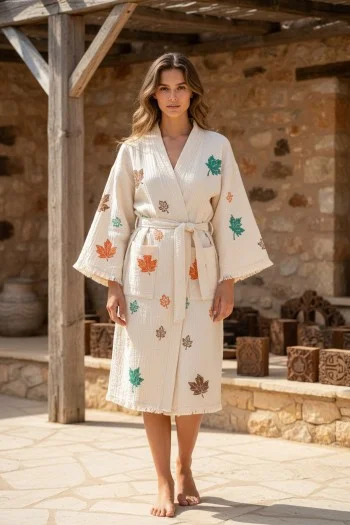 Varol Organik %100 Pamuk Kimono Yaka Sabahlık Bornoz - Sonbahar