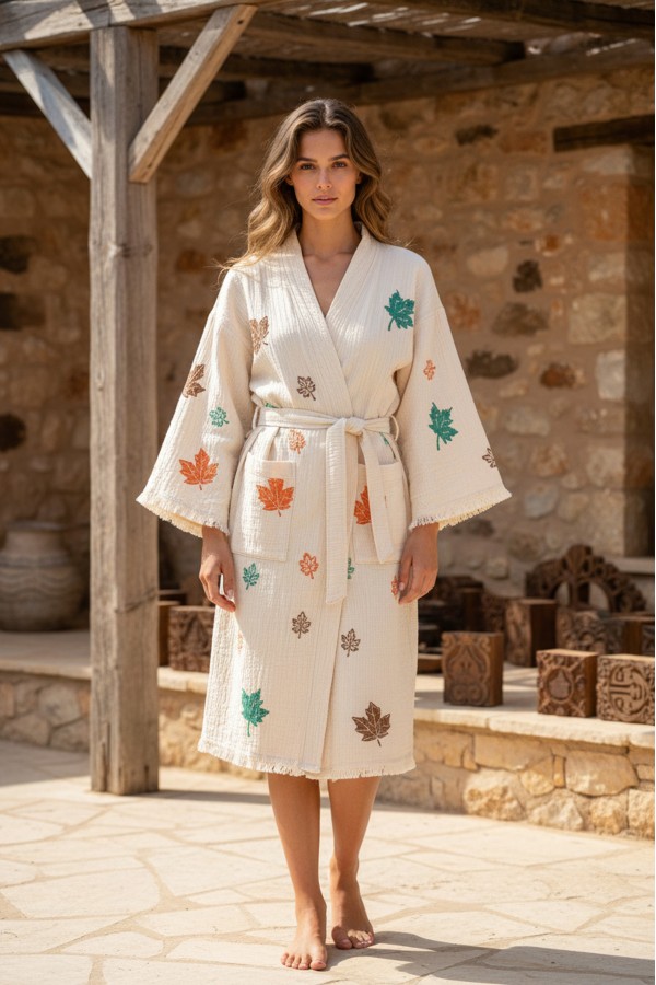 Varol Organik %100 Pamuk Kimono Yaka Sabahlık Bornoz - Sonbahar