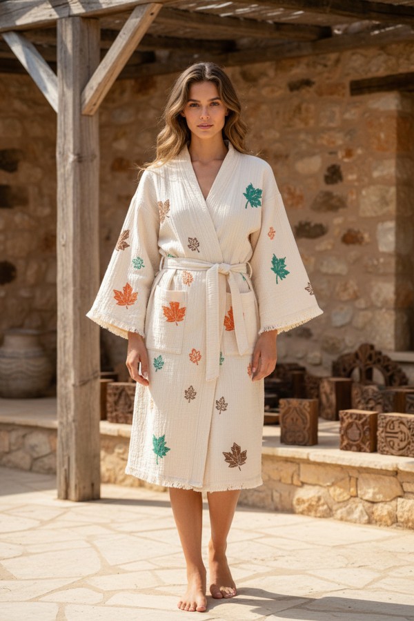 Varol Organik %100 Pamuk Kimono Yaka Sabahlık Bornoz - Sonbahar