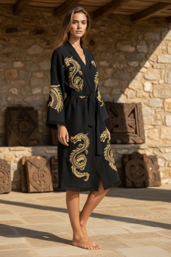 Varol Organik %100 Pamuk Kimono Yaka Sabahlık Bornoz - Viserion - SARI-S/M