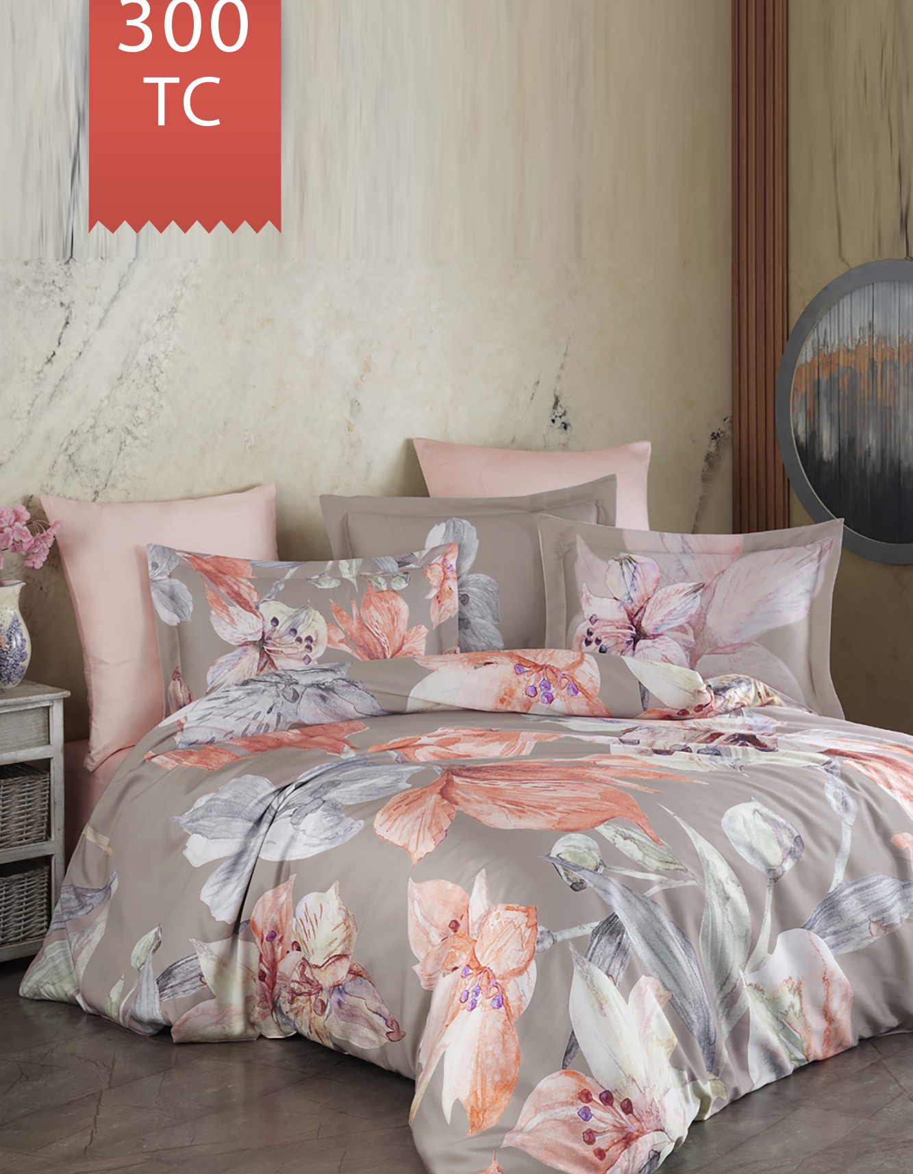 Varol Royal Saten 300TC Nevresim Takımı (Çift Nevresimli) Family Size  - ERİCA