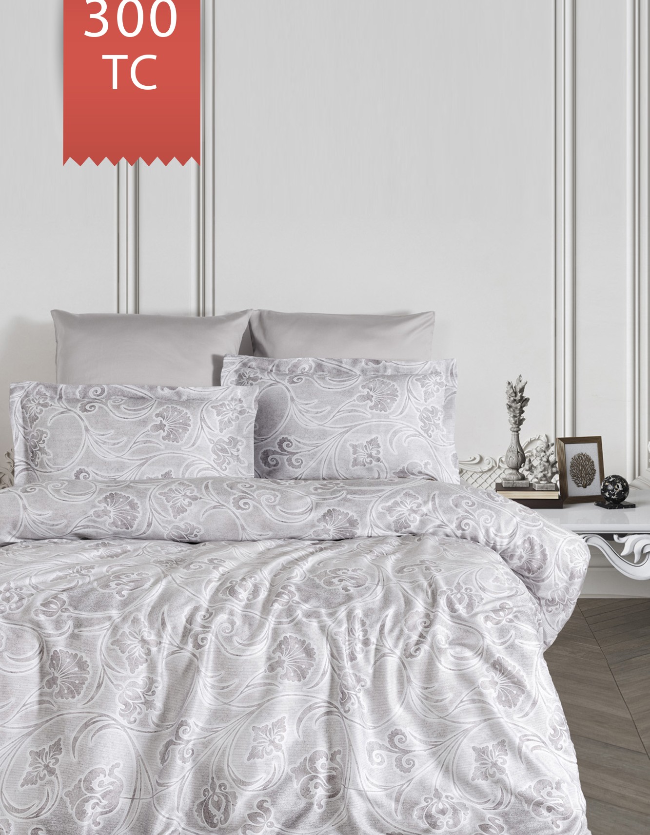 Varol Royal Saten 300TC Nevresim Takımı (Çift Nevresimli) Family Size  - GRİDA