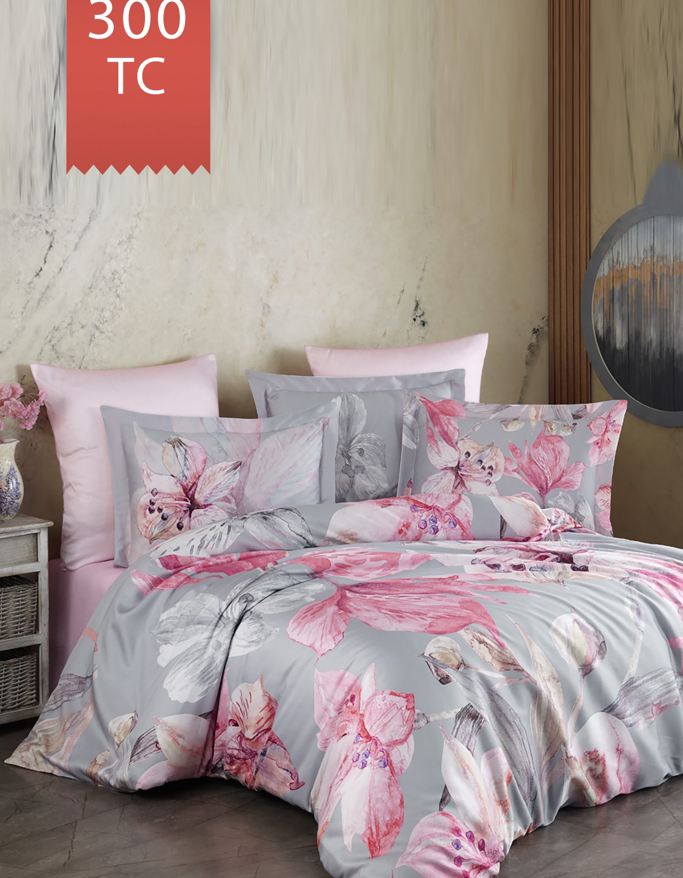Varol Royal Saten 300TC Nevresim Takımı (Çift Nevresimli) Family Size  - LİLYA