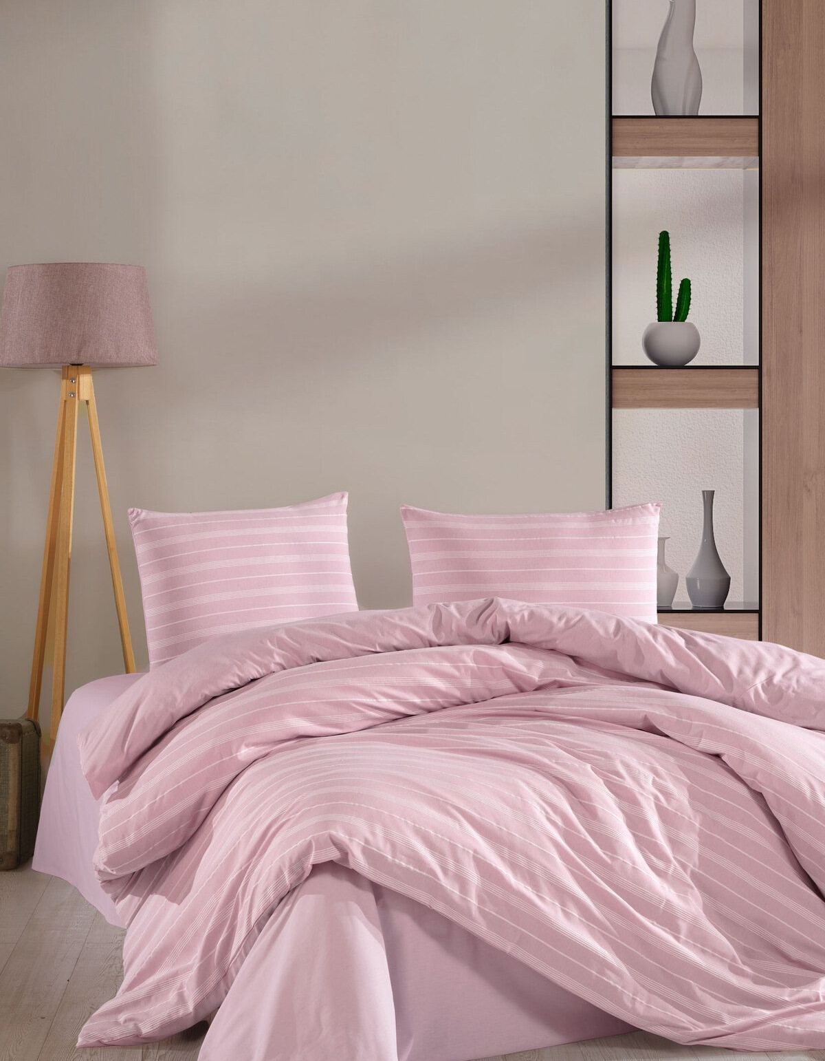 Varol Stripe Saten King Size (Battal Boy) Çarşafı Lastikli Nevresim Takım