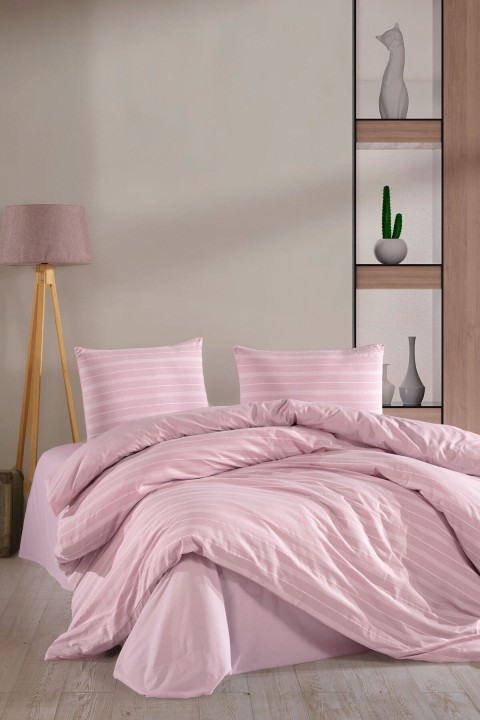 Varol Stripe Saten King Size (Battal Boy) Çarşafı Lastikli Nevresim Takım PUDRA