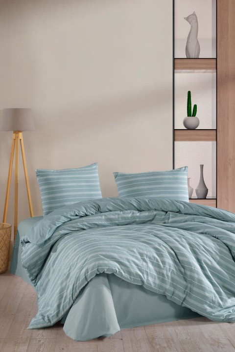 Varol Stripe Saten King Size (Battal Boy) Çarşafı Lastikli Nevresim Takım YEŞİL