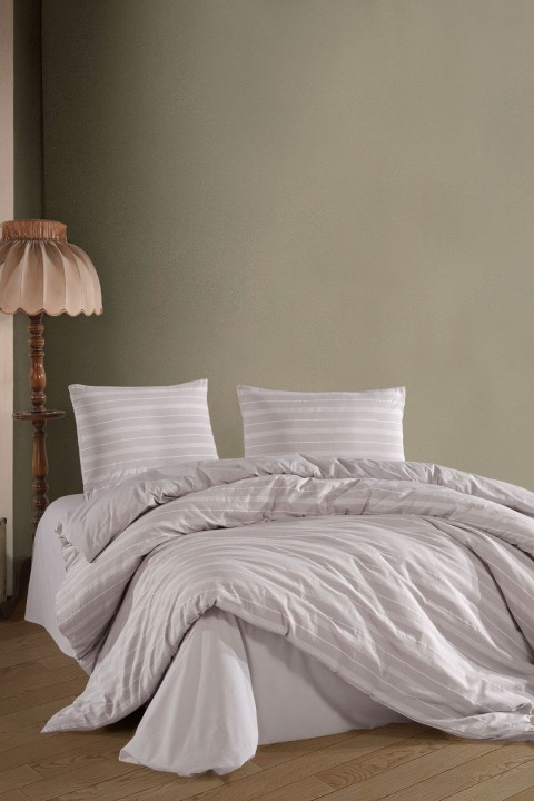 Varol Stripe Saten King Size (Battal Boy) Çarşafı Lastikli Nevresim Takım BEJ